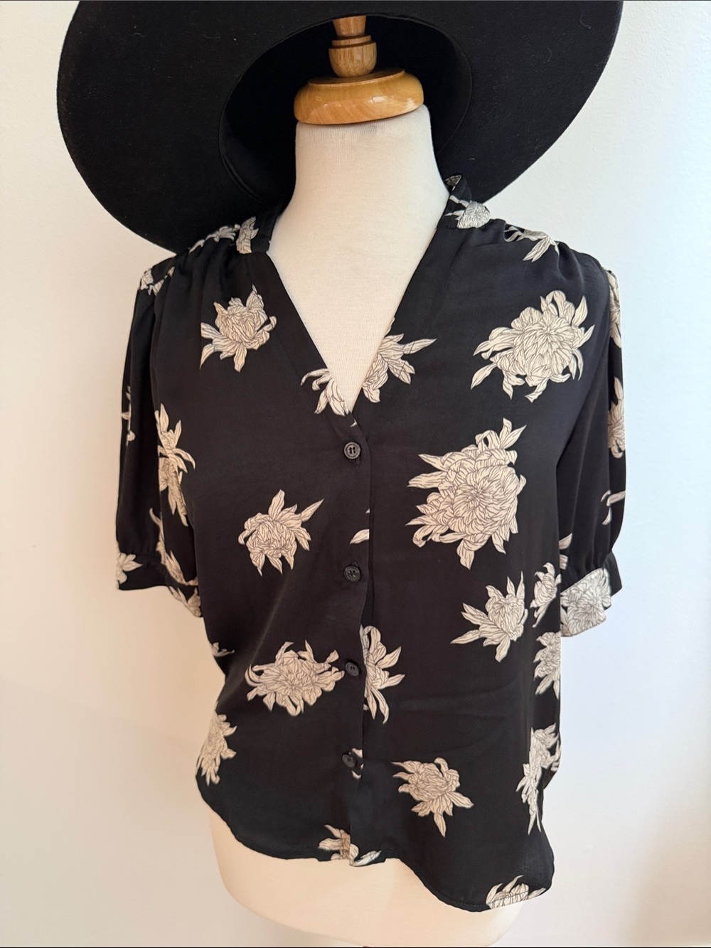 Trina Turk Black Blouse with Cream Floral Print Sz S